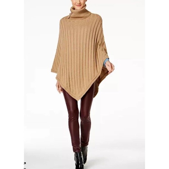 New MICHAEL KORS Women’s Ribbed Gold Zip Turtleneck Poncho Shawl‎ Tan Camel OS - Picture 6 of 6
